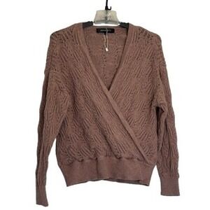 MEROKEETY Womens Wrap Front Crochet Knit Sweater V Neck Long Sleeve Brown Large
